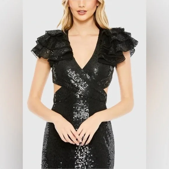 MAC DUGGAL Black Ruffle Shoulder Sequin Embellished Gown - Picture 4 of 4